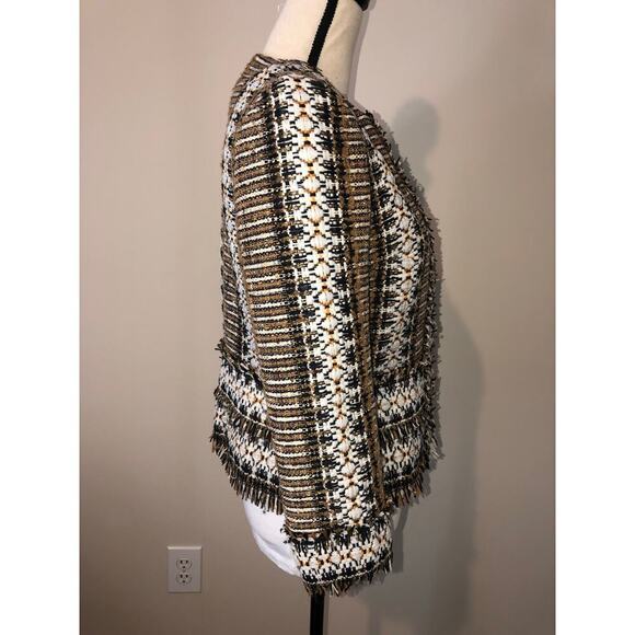 Tory Burch Jessica Tweed Jacket Size 6 Blazer Hidden Snaps Fringe Brown Black - Picture 3 of 9